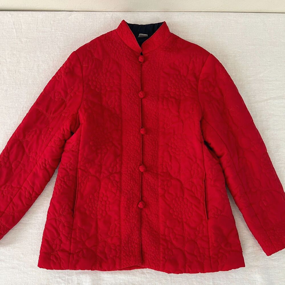 Vintage 90s Vibrant Red Quilted Tang Jacket Mandarin Collar Frog Closure Size M